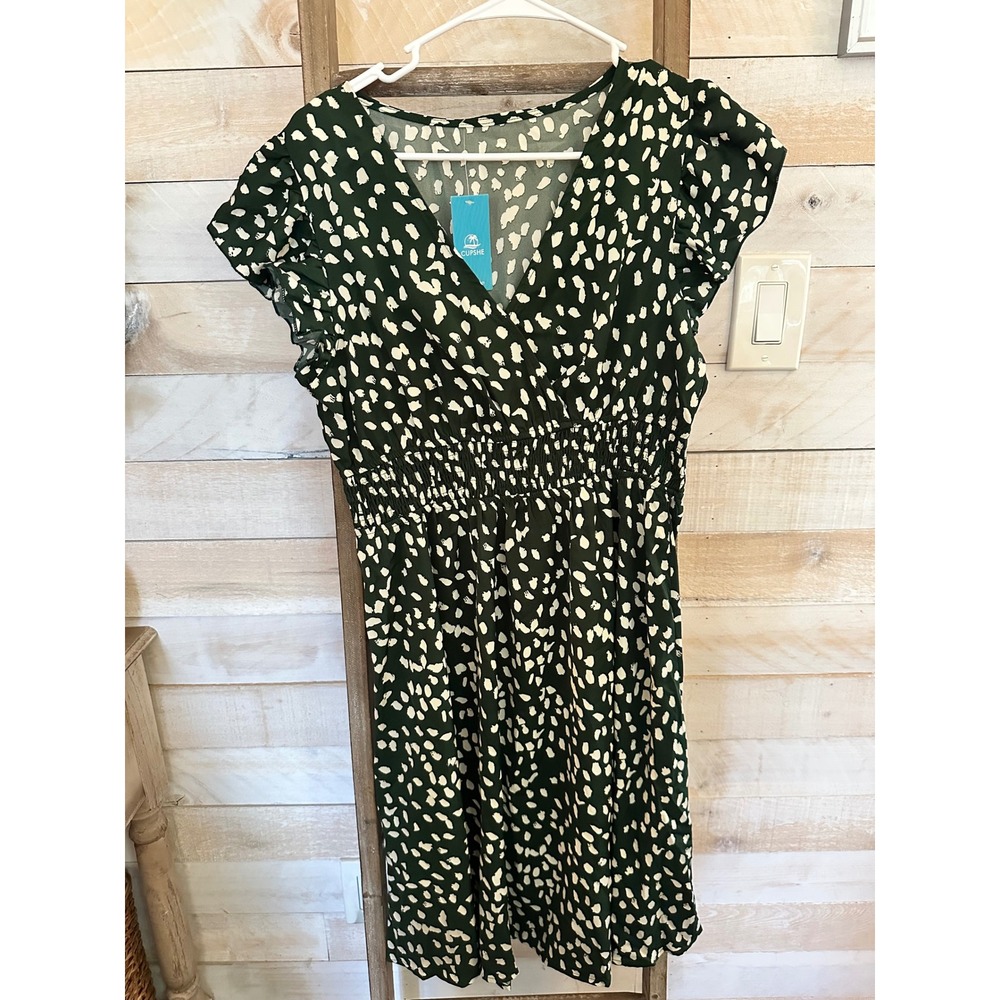 Cupshe Green Dalmatian Print Smocked Waist V-Neck Flutter Sleeve Mini Dress L